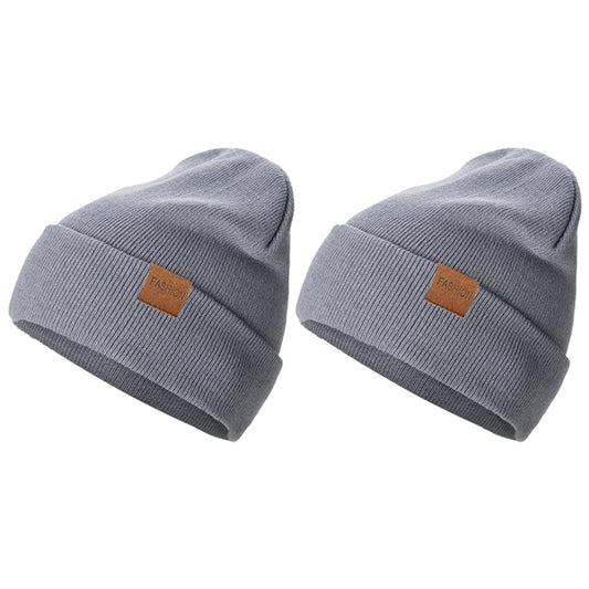 The SAFERIN 2 Pack Unisex Knit Cuffed Beanies feature gray acrylic fabric, folded brims, and brown patches. These warm winter hats offer adjustable comfort for men and women. Displayed side by side on a white background.