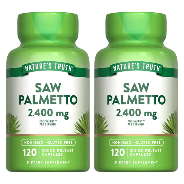 Get a 2 pack of Natures Truth Saw Palmetto Extract, each bottle with 120 capsules and 2400mg per serving; non-GMO, gluten-free dietary supplements.