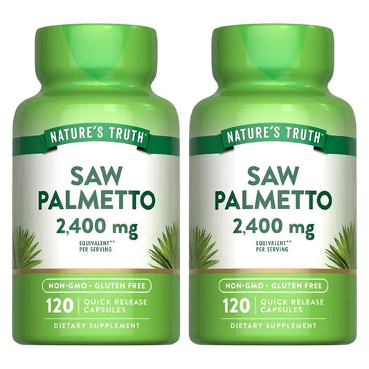 Get a 2 pack of Natures Truth Saw Palmetto Extract, each bottle with 120 capsules and 2400mg per serving; non-GMO, gluten-free dietary supplements.