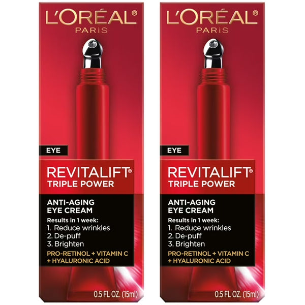 2 Pack - LOreal Eye Revitalift Triple Power Anti-Aging Cream 0.5oz each, with Pro-Retinol and Hyaluronic Acid to reduce wrinkles, de-puff, and brighten.