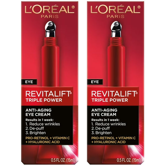2 Pack - LOreal Eye Revitalift Triple Power Anti-Aging Cream 0.5oz each, with Pro-Retinol and Hyaluronic Acid to reduce wrinkles, de-puff, and brighten.