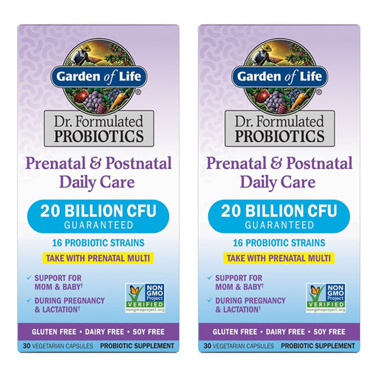Get two boxes of Garden of Life Dr. Formulated Pre-Post Natal Daily Care Capsules (30ct each). Supports prenatal and postnatal care with 20 billion CFU, 16 strains. Gluten & soy free, vegetarian capsules.