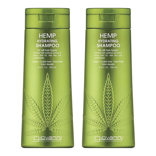 Two bottles of Giovanni Natural Hemp Seed Oil Shampoo with Aloe Vera (8.5oz, 2 Pack) are displayed side by side. These salon-quality shampoos are suitable for all hair types and feature a green hemp leaf design.