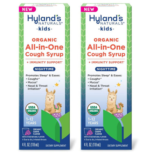 Two bottles of Hylands Kids Organic All in One Cough Syrup Nighttime Grape 4oz, USDA Certified Organic, for ages 1-12. Provides immune support and soothing relief—ideal for your child’s comfort at night.