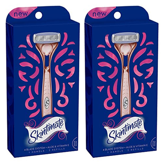 Get two boxes of Skintimate 4 Blades System Razors with aloe & vitamin E—each pack includes 1 handle and 2 refills for a smooth, comfortable shave.