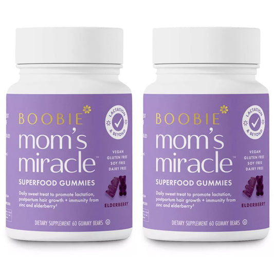 Two bottles of Boobie Bears Vegan Lactation Supplement Gummies, Elderberry flavor, 60ct each; vegan superfood gummies designed to support milk production for breastfeeding moms.