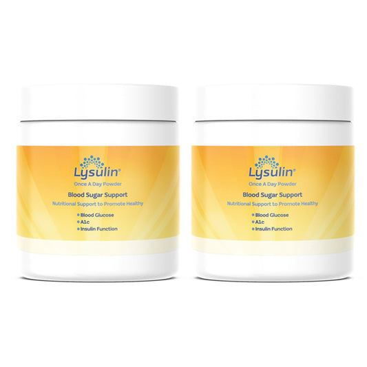 Two white containers of Lysulin Once a Day Powder Blood Sugar Support 6oz from Lysulin are shown side by side, featuring yellow labels and highlighting this daily supplement for healthy glucose metabolism. (2 Pack).