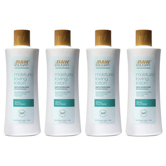 A 4 Pack of Raw Sugar Moisture Loving Lotion Shea + Rice Flower 16oz bottles, featuring white packaging and wooden-look caps, is displayed in a row against a white background.
