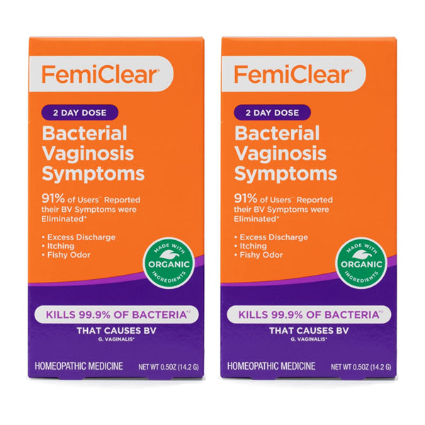 Two boxes of FemiClear 2 Day Dose for Bacterial Vaginosis symptoms offer fast relief from excess discharge, itching, and odor using all-natural ingredients, and are clinically proven to kill 99.9% of bacteria.