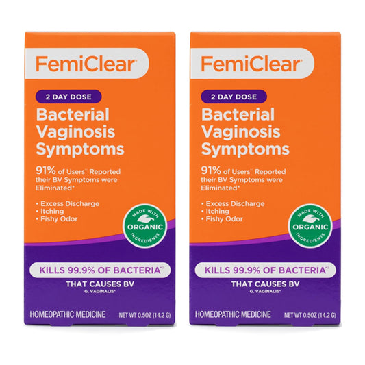 Two boxes of FemiClear 2 Day Dose for Bacterial Vaginosis symptoms offer fast relief from excess discharge, itching, and odor using all-natural ingredients, and are clinically proven to kill 99.9% of bacteria.