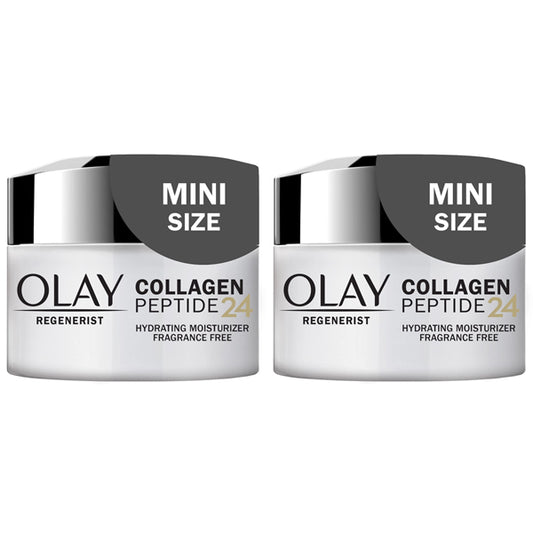 The Olay 2 Pack Regenerist Collagen Peptide 24 Face Moisturizer (0.5 oz each, fragrance free) delivers powerful hydration in two mini-size jars from Olay, displayed side by side.