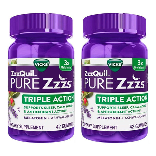 Vicks 2 Pack ZzzQuil Pure Zzzs Triple Action Gummy Melatonin Sleep Supplement, 42ct each, combines melatonin and ashwagandha to support restful sleep, mood balance, and antioxidant benefits for wellness.