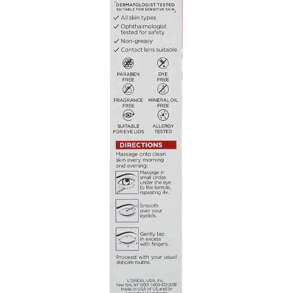 The white label on the 2 Pack - LOréal Revitalift Derm Intensives Brightening Eye Serum 0.67oz highlights paraben free, dye free, fragrance free, mineral oil free features and provides step-by-step illustrated application directions.