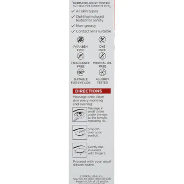The white label on the 2 Pack - LOréal Revitalift Derm Intensives Brightening Eye Serum 0.67oz highlights paraben free, dye free, fragrance free, mineral oil free features and provides step-by-step illustrated application directions.