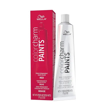 Wella 2 Pack - Colorcharm Paints Semi-Permanent Hair Dye in Red (2oz) lets you easily create custom temporary color shades with intermixable formulas. Features Wella branding and product details.