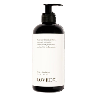Loved 01’s 2 Pack Deep Hydration Hand + Body Lotion (15oz) comes in black pump bottles with white labels, featuring plant butters and rosehip oil to deeply hydrate and nourish your skin.