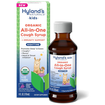 A 2 Pack of Hylands Kids Organic All in One Cough Syrup Nighttime Grape 4oz, for ages 1-12, with immune support; USDA Certified Organic.