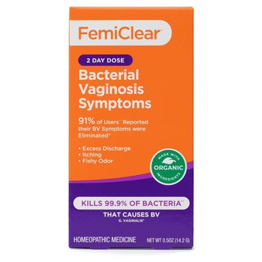 Front of a FemiClear 2 Pack 2 Day Dose for Bacterial Vaginosis Symptoms box, featuring all-natural ingredients, 91% user satisfaction, and claims to kill 99.9% of bacteria for fast relief.