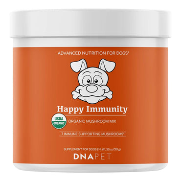 DNA Pet’s 2 Pack - Happy Immunity USDA Certified Organic Mushroom Complex for Dogs 3.5oz features an illustrated dog on the orange container and highlights natural immune support as a dog supplement.