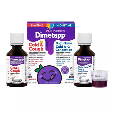 Dimetapp 2 Pack – Childrens Dimetapp Day/Night Combo Cold Cough & Congestion Liquid (4oz) shown with box and dosing cup. This alcohol-free medication offers fast-acting daytime and nighttime relief for kids’ cold symptoms.