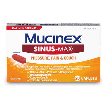 Mucinex Sinus-Max 2 Pack (20 caplets each) delivers triple action relief for sinus pressure, pain, and cough; suitable for ages 12+.