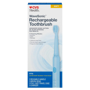 A 2 Pack of CVS Health WaveSonic Rechargeable Toothbrush Soft Blue by CVS features soft toothbrushes and includes handles, brush heads, travel cases, and chargers.