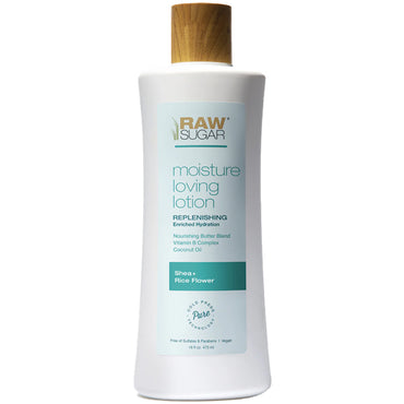 A 4 pack of Raw Sugar Moisture Loving Lotion Shea + Rice Flower (16oz), enriched with coconut oil, features vegan and cruelty-free claims and comes with signature wooden caps.