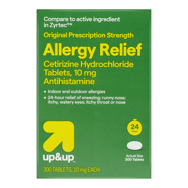 2 Pack of up&up Cetirizine Hydrochloride Allergy Relief Tablets, 300 count each, provides 24-hour indoor and outdoor allergy relief.
