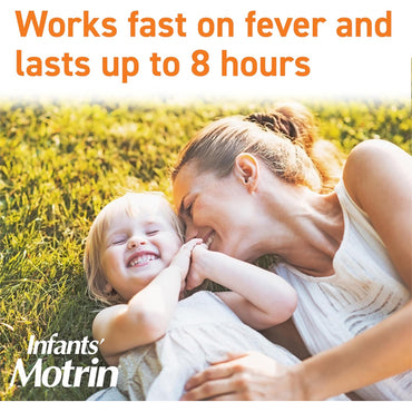 A woman and a smiling child lie on grass. Text reads, Works fast as a fever reducer and lasts up to 8 hours. Motrin logo appears. 2 Pack - Motrin Infants Concentrated Liquid Medicine Drops with Ibuprofen Berry Flavor 1oz.