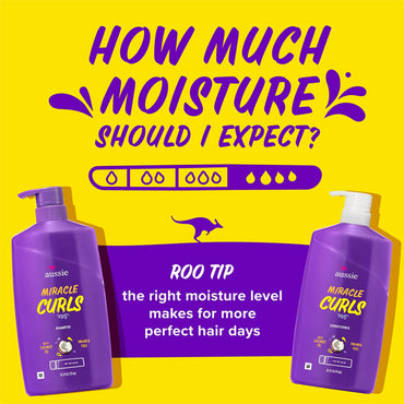 Two bottles of Aussie Miracle Curls Shampoo and Conditioner Dual Pack 26.2 oz, infused with coconut and jojoba oils, are shown below a yellow chart highlighting high moisture for curly hair, with a tip on moisture for better curls.