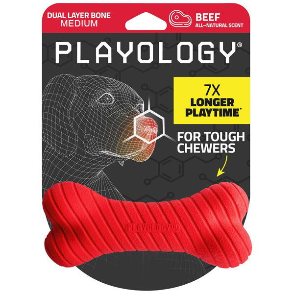 Playology 2 Pack Dual Layer Dog Toy, medium size, all natural beef scented for tough chewers. Durable toys with packaging featuring a black dog illustration and product details.
