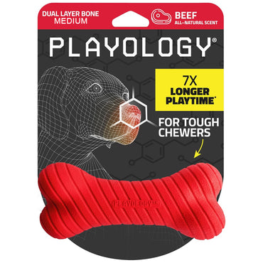 Playology 2 Pack Dual Layer Dog Toy, medium size, all natural beef scented for tough chewers. Durable toys with packaging featuring a black dog illustration and product details.
