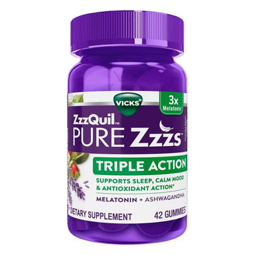 A 2-pack of Vicks ZzzQuil PURE Zzzs Triple Action Gummy Melatonin Sleep Supplements, 42 count each, supports sleep with melatonin and ashwagandha plus antioxidant action.