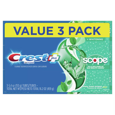 The Crest 2 Pack + Scope Complete Whitening Toothpaste Minty Fresh 5.4oz 3ct Each targets bad breath germs and features Value 3 Pack and Whitening labels, with images of mint leaves and splashing green water.