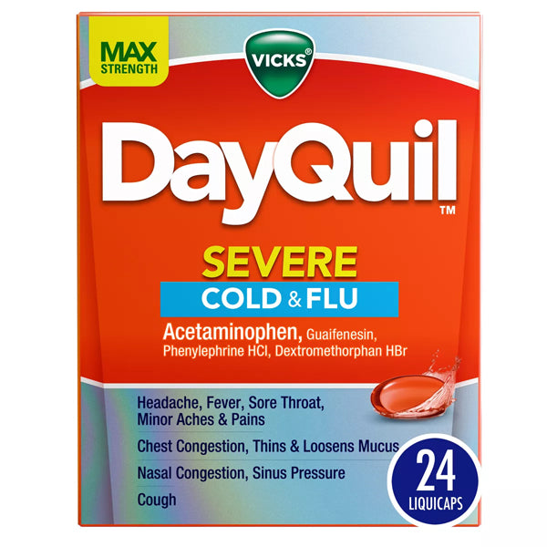 A 2 Pack of Vicks DayQuil Severe Cold & Flu Medicine, each with 24 LiquiCaps, offers powerful multi-symptom relief for cold and flu.