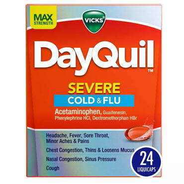 A 2 Pack of Vicks DayQuil Severe Cold & Flu Medicine, each with 24 LiquiCaps, offers powerful multi-symptom relief for cold and flu.