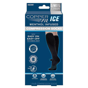 Copper Fit 2 Pack Ice Menthol Infused Compression Socks S/M feature black knee-high socks with CoQ10, anti-odor properties, and graduated Copper-infused compression for added comfort and support.
