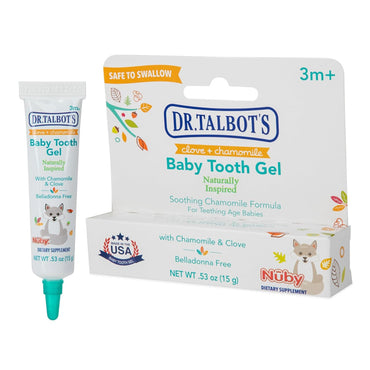 Dr. Talbot’s Naturally Inspired Baby Tooth Gel for Sore Gums, 2 pack (0.53oz), uses natural clove and chamomile for teething relief. Safe to swallow for babies 3+ months, belladonna free, and soothing for the teething age.