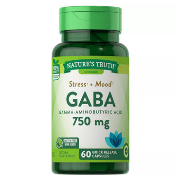 A 2 pack of Nature’s Truth GABA Supplement for Mood + Stress, 750mg, with 60 capsules each. Contains the amino acid GABA to support stress relief and mood.