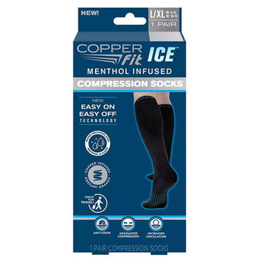 Copper Fit 2 Pack womens Ice Menthol Infused Compression Socks (L/XL) in black feature anti-odor, compression, and easy on/off technology.