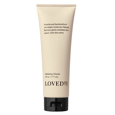 2 Pack - Loved 01 Deep Moisturizing Exfoliating Cleanser, 6oz tubes with Rosehip Oil, Sea Buckthorn Oil, bamboo, aloe vera, and black flip-top caps.