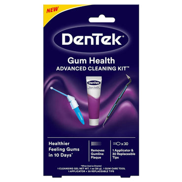 Front view of 2 Pack - DenTek Gum Health Advanced Cleaning Oral Care Kit packaging by DenTek, showing dental tools for gum health and plaque removal—includes applicator, gum care tool, and toothpaste tube on a purple background with product features.