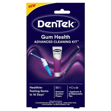 Front view of 2 Pack - DenTek Gum Health Advanced Cleaning Oral Care Kit packaging by DenTek, showing dental tools for gum health and plaque removal—includes applicator, gum care tool, and toothpaste tube on a purple background with product features.