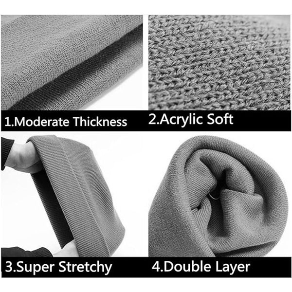 Four labeled images show the SAFERIN 2 Pack Unisex Knit Cuffed Beanie, highlighting its adjustable, comfortable fit, warmth, super stretchiness, moderate thickness, and double-layer design for men and women.