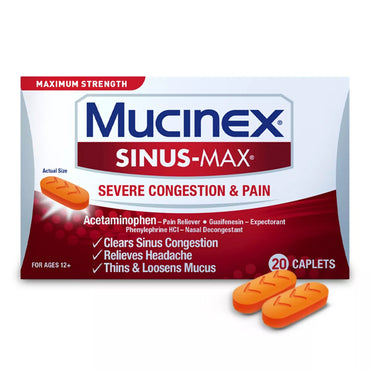 2 Pack - Mucinex Sinus-Max Severe Congestion Relief Caplets, 20 count each. Provides congestion and headache relief and thins mucus. Over-the-counter medication, suitable for ages 12+. Brand: Mucinex.