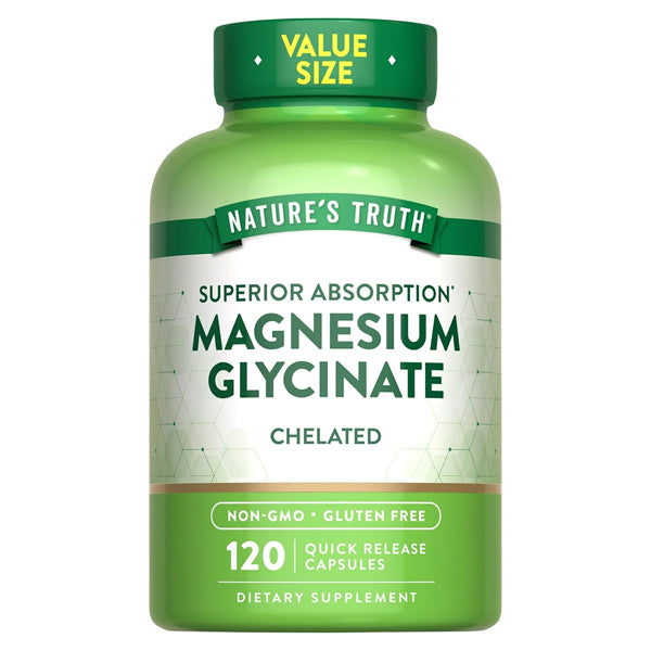 A 2 pack of Natures Truth Chelated Magnesium 200mg, high absorption, value size with 120 capsules per bottle, non-GMO and gluten free—an essential mineral for daily wellness.