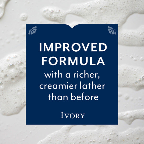 Navy blue box with white text on a soap lather background reads: IMPROVED FORMULA with a richer, creamier lather. Ivory Mild & Gentle Body Wash, Lavender Scent 1.03 L (4 Pack), uses plant-based cleaners. Brand: Ivory.