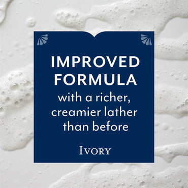 Navy blue box with white text on a soap lather background reads: IMPROVED FORMULA with a richer, creamier lather. Ivory Mild & Gentle Body Wash, Lavender Scent 1.03 L (4 Pack), uses plant-based cleaners. Brand: Ivory.