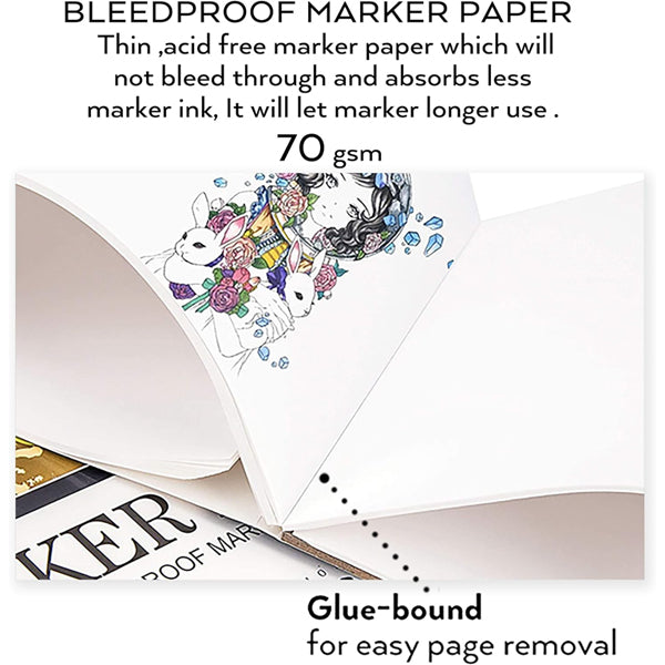 The Bianyo 2 Pack Bleedproof Marker Paper Pad A4 (8.27x11.69, 50 sheets, 70 GSM) features acid-free paper ideal for alcohol markers and glue binding for easy page removal—perfect for sketches of girls, rabbits, and flowers.