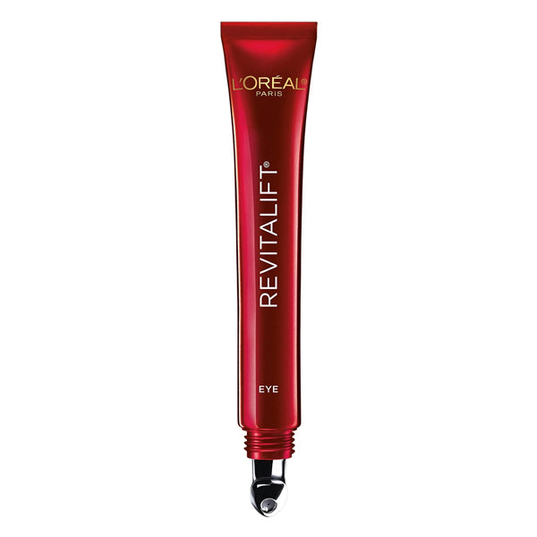 A pair of red tubes of LOreal Eye Revitalift Triple Power Anti-Aging Cream 0.5oz are shown against a white background, featuring hyaluronic acid and metal applicator tips.